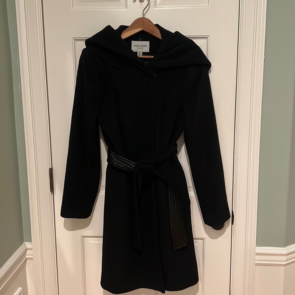 Cole Haan Women’s Wool Asymmetrical Zip Black Coat - Size 10 with Leather Trim